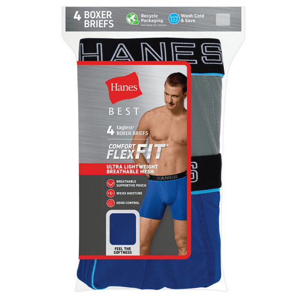 Mens Hanes Comfort Flex Fit Tagless Boxer Briefs Long Leg Black/Blue/Grey Small